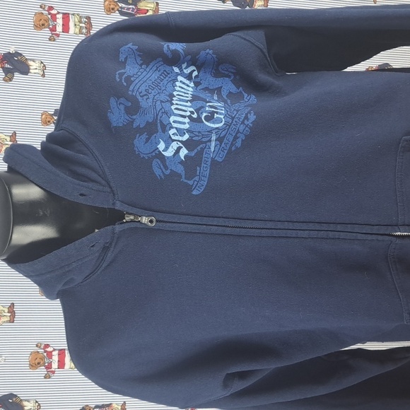 Y2K Segrams Gin graphic print blue on blue XL zip-up hoodie sweatshirt jacket - Picture 1 of 5